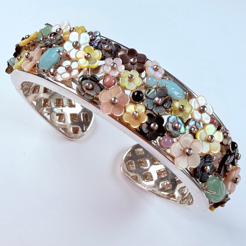 Whitney Kelly Mop Mosaic Flower Sterling Silver 925 Cuff 18.5mm Vtg Bracelet